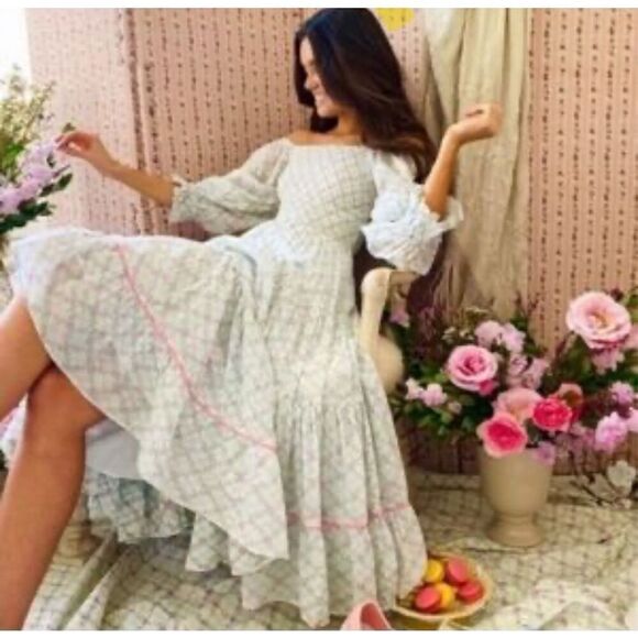 LoveShackFancy Rigby “The Prairie” Midi Dress Green Leaf Floral Women’s Size S - Picture 2 of 13